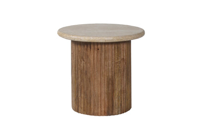 Table d'appoint ronde Lucia – travertin beige et bois de manguier