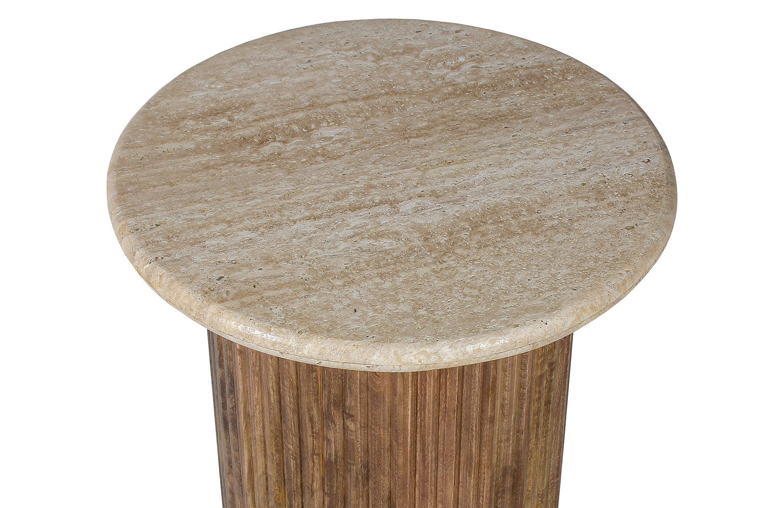 Table d'appoint ronde Lucia – travertin beige et bois de manguier