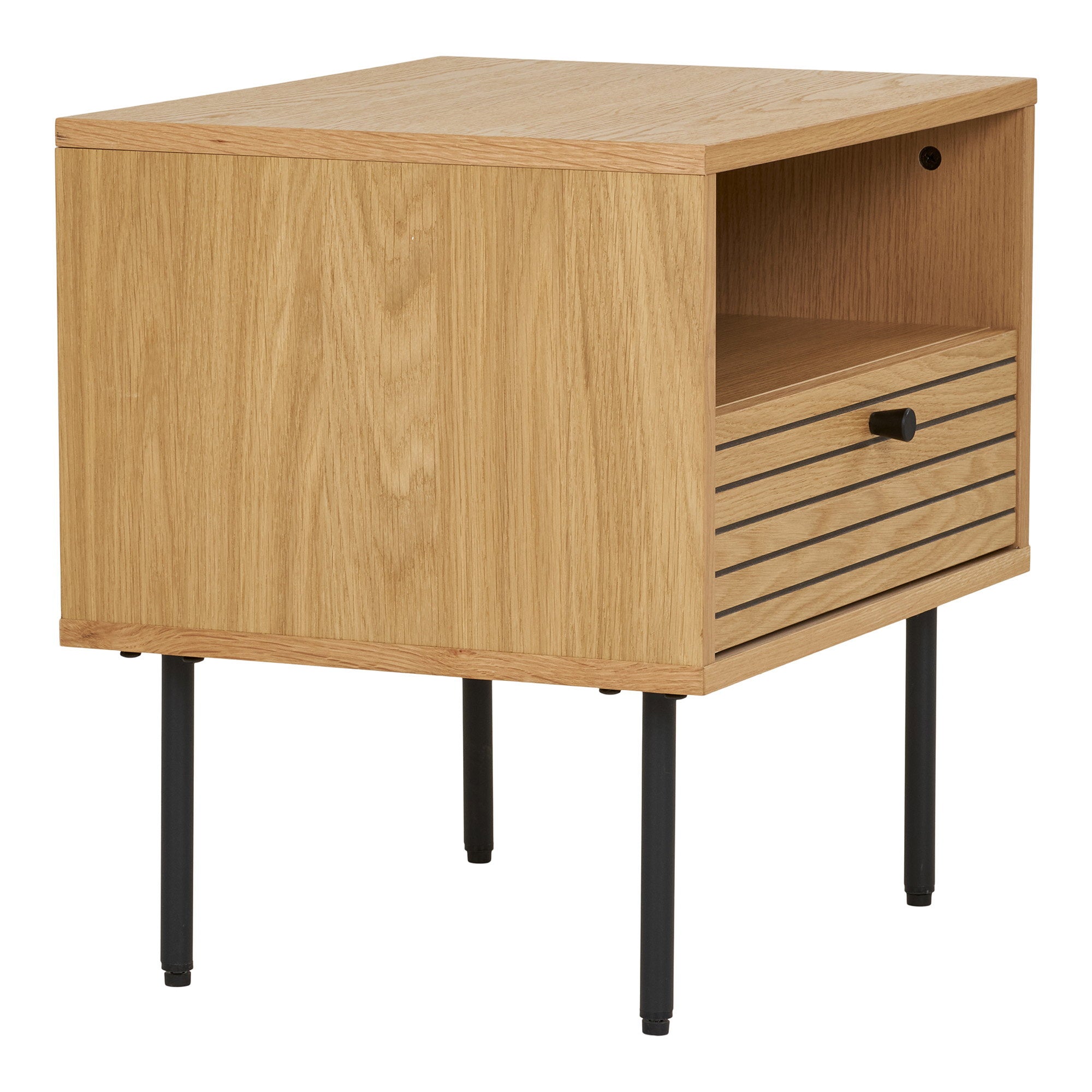 Kyoto Side Table - Side Table, 1 drawer, oak veneer, natural, black metal legs 50x40x50 cm