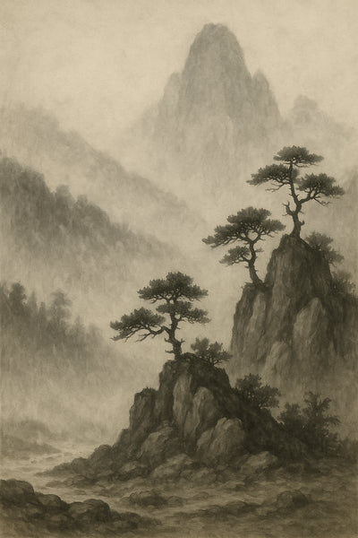 Montagnes noires dans la brume