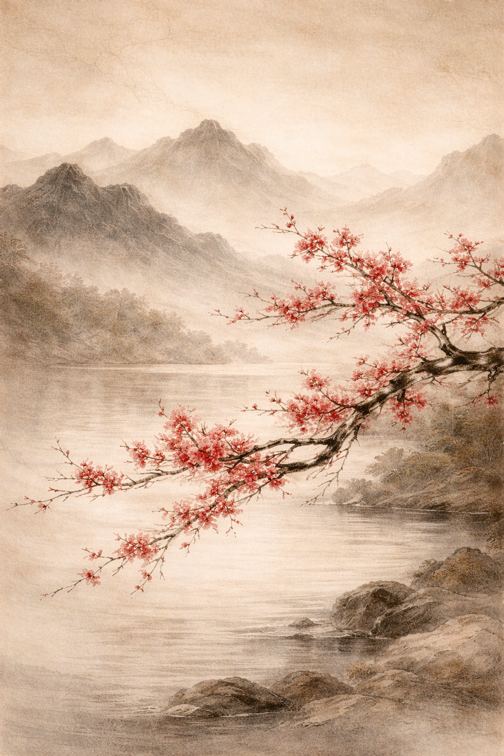 Misty mountains with cherry blossoms - classic art