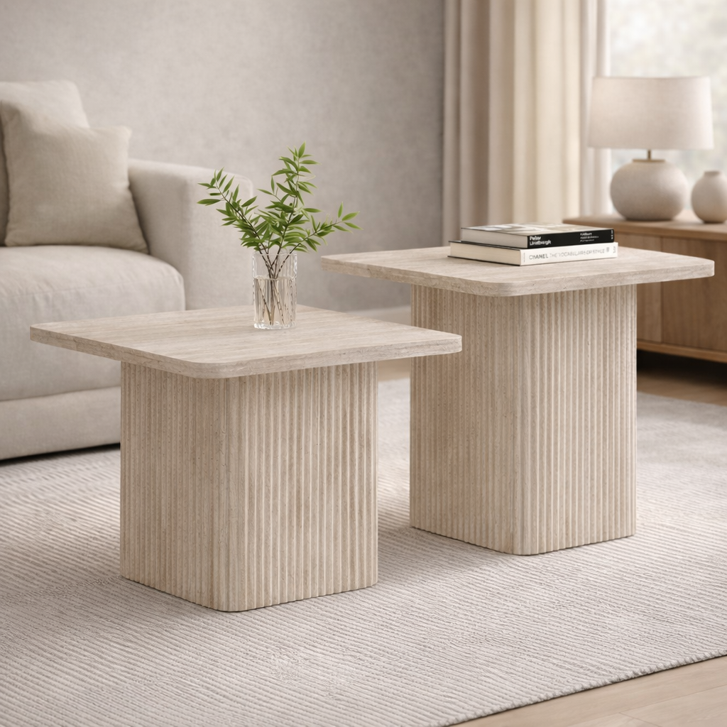 Two modern coffee tables with a plant and books in a living room setting.