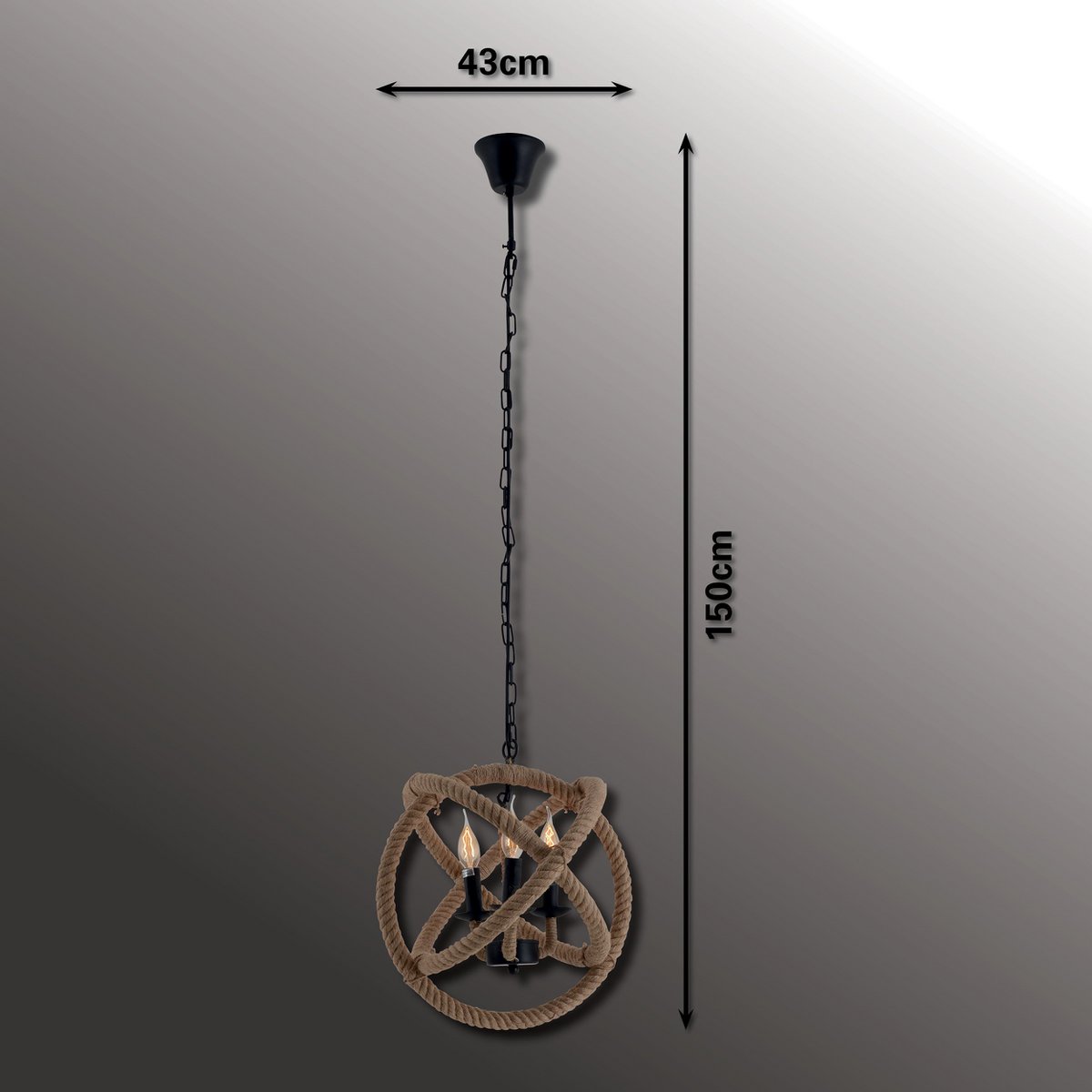 Handcrafted Luxury Pendant Lamp in Black Metal with Hemp Rope